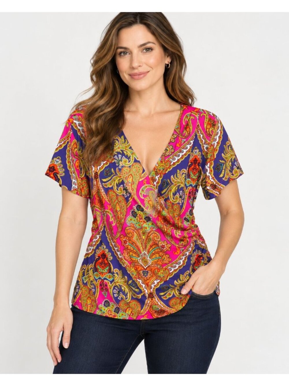 Lauren Ralph Lauren Women’s Paisley Surplice Top Size XL Multicolor Stretch Knit